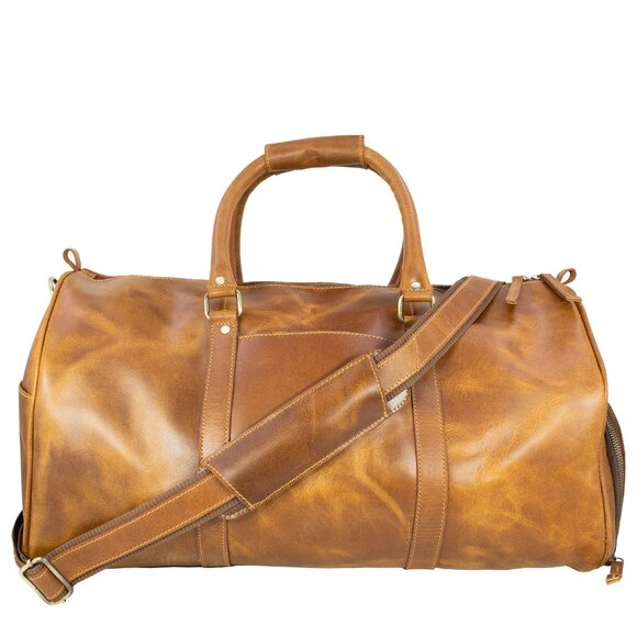 Genuine Leather Travel Duffle Bag, Tan - Picture 2 of 14